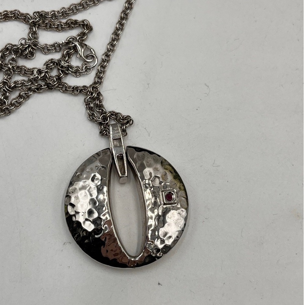 Elle Collection Heavy Hammered Disc Pendant Ruby Signed Sterling Silver Chain